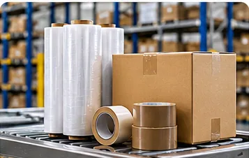 Film étirable, boîtes de carton et rubans d'expédition