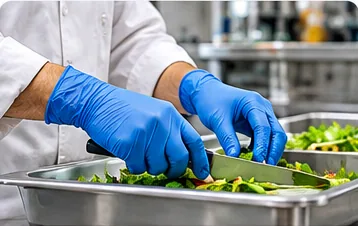 Mains gantées de nitrile bleu manipulant des aliments
