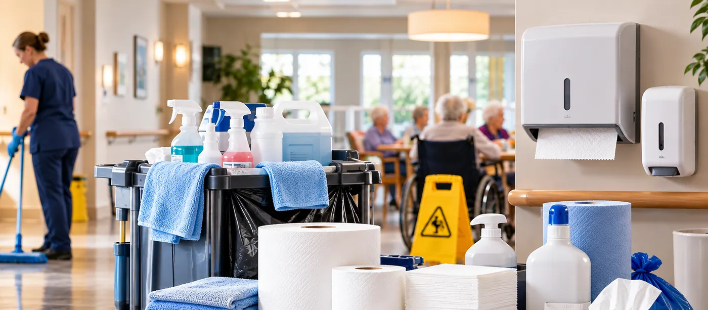 Chariot d'entretien, papier et distributrices dans une résidence