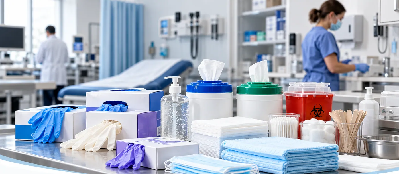 Gants d'examen, lingettes et fournitures d'hygiène en salle de soins