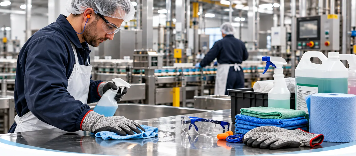 Dégraisseurs, microfibres, gants et lunettes de sécurité en atelier