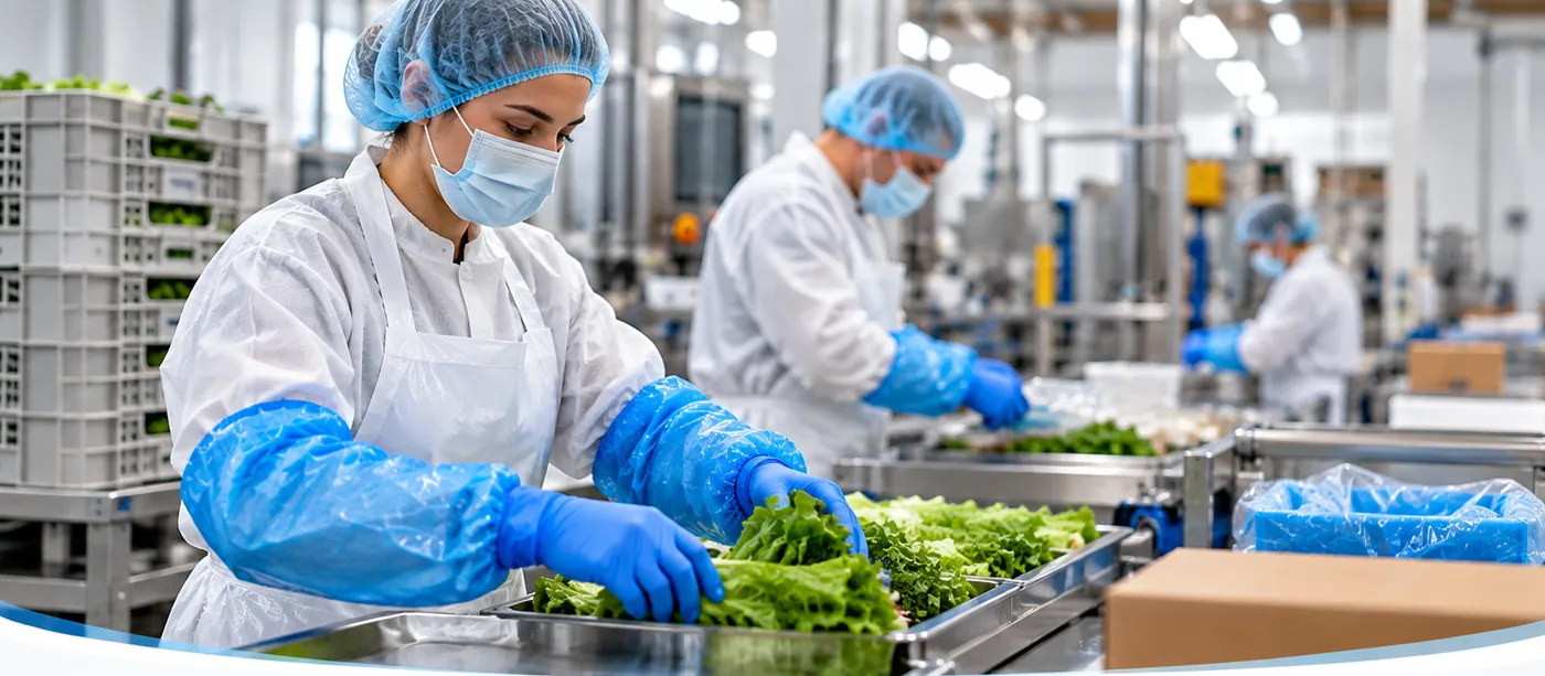 Employées en filet, masque et gants bleus sur une ligne de transformation