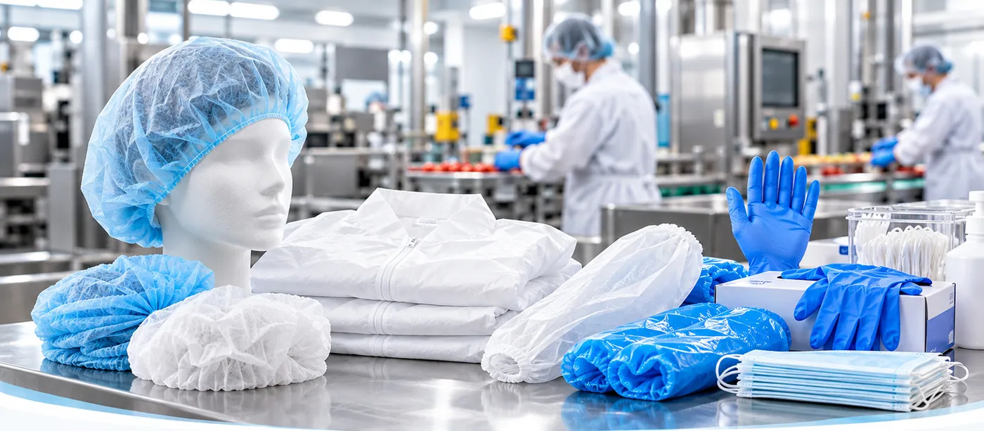 Filets à cheveux, jaquettes, gants et masques prêts à l'usage en usine alimentaire