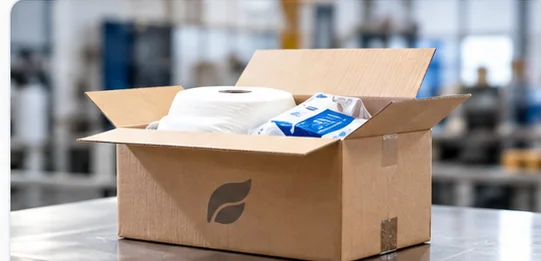 Boîte de carton ouverte contenant du papier et des lingettes